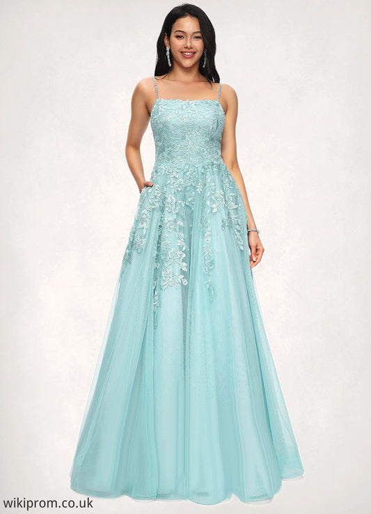 Kathy Ball-Gown/Princess Straight Floor-Length Tulle Prom Dresses With Appliques Lace Sequins SWKP0022206