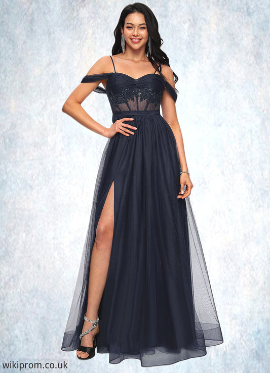 Zaria Ball-Gown/Princess Off the Shoulder Floor-Length Tulle Prom Dresses With Appliques Lace Sequins SWKP0022221