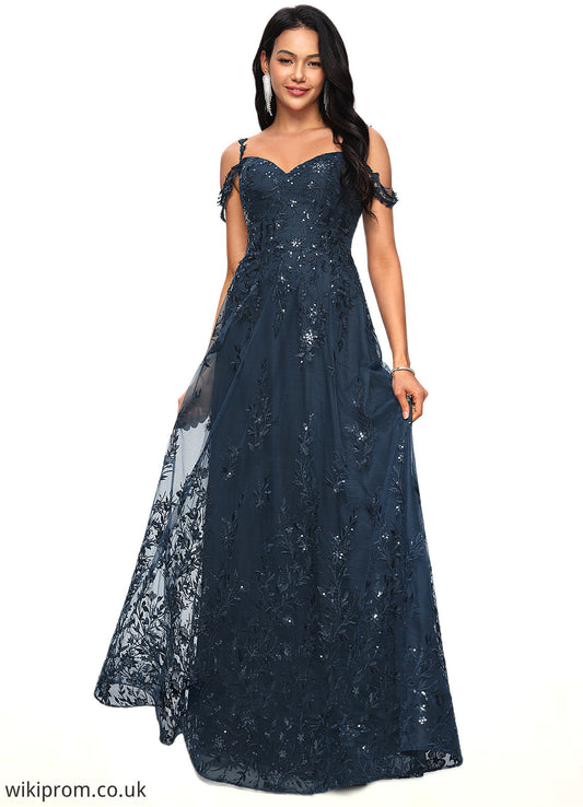 Rebekah A-line V-Neck Floor-Length Lace Prom Dresses With Sequins SWKP0022222