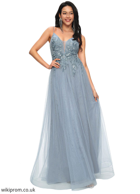 Kierra A-line V-Neck Floor-Length Tulle Prom Dresses With Appliques Lace Sequins SWKP0022223