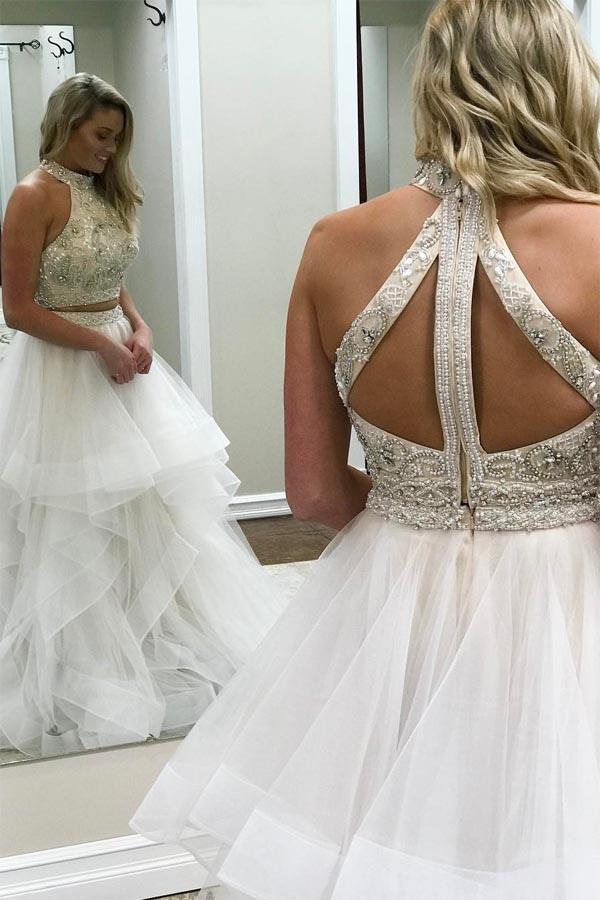 A line Ivory Beads Halter Ruffles Prom Dresses Long Open Back Party Dresses WK693