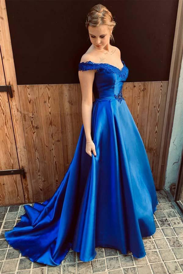 Royal Blue Sweetheart Off the Shoulder Satin Lace up Prom Dresses with Appliques WK682