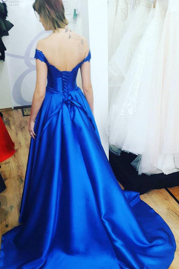 Royal Blue Sweetheart Off the Shoulder Satin Lace up Prom Dresses with Appliques WK682