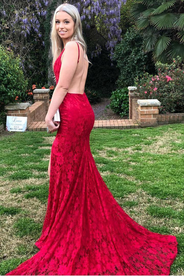 Mermaid Red Lace Backless V Neck Long Prom Dresses Cheap Evening Dresses WK726