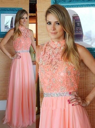 Nectarean High Neck Floor-Length Sleeveless Peach Prom Dress with Beading Lace Top WK585