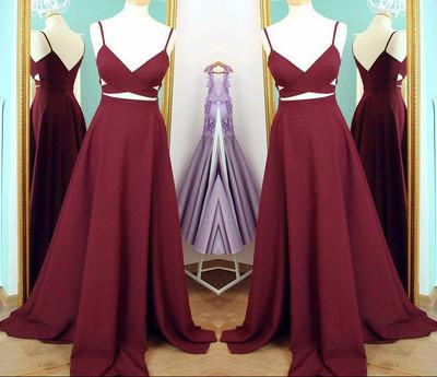 Two Piece Straps Long Prom Dress Evening Dress Spaghetti Straps Wine Red Prom Dresses WK159