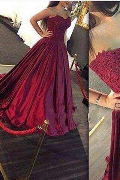 Gorgeous Long Sweetheart Strapless Ball Gown Lace Formal Dress Burgundy Prom Dresses WK174