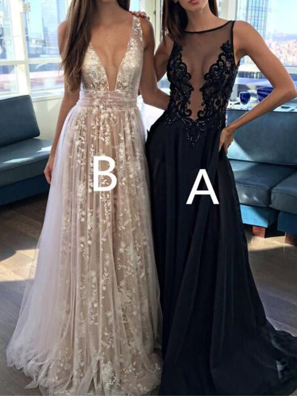 2024 Long Sexy Deep V-Neck Tulle Lace Appliques Floor-Length A-Line Party Prom Dress WK122