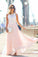 Modest Chiffon Long Blush Pink White Lace A-Line High Neck Floor-Length Prom Dresses WK192
