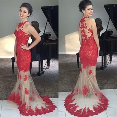 Mermaid Red Lace Bodice Modest Evening Dress With Champagne Tulle Long Party Gown WK150