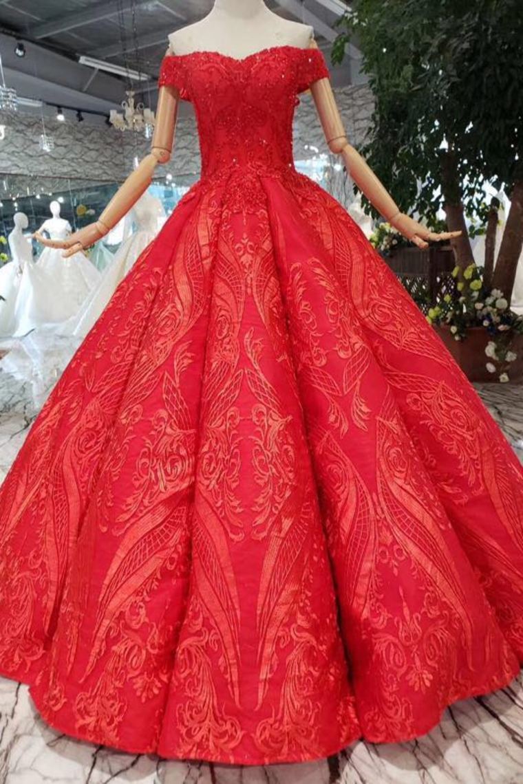 Red Off The Shoulder Lace Appliques Beads with Lace up Prom Dress Quinceanera Dresses WK788