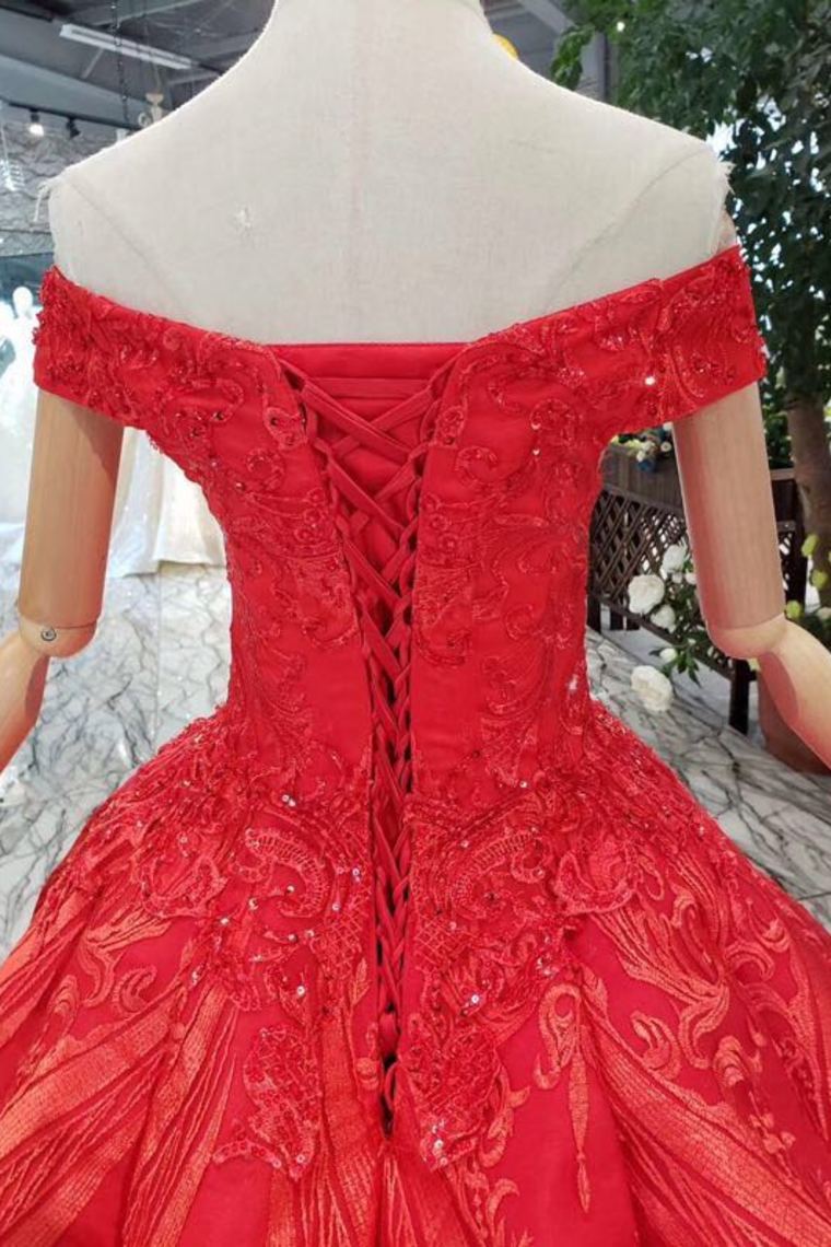 Red Off The Shoulder Lace Appliques Beads with Lace up Prom Dress Quinceanera Dresses WK788