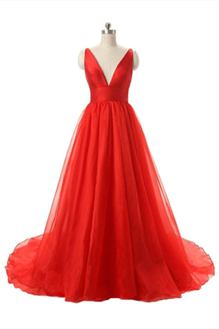 Red V-neck Backless Long Tulle Prom Dresses Evening Dresses WK494