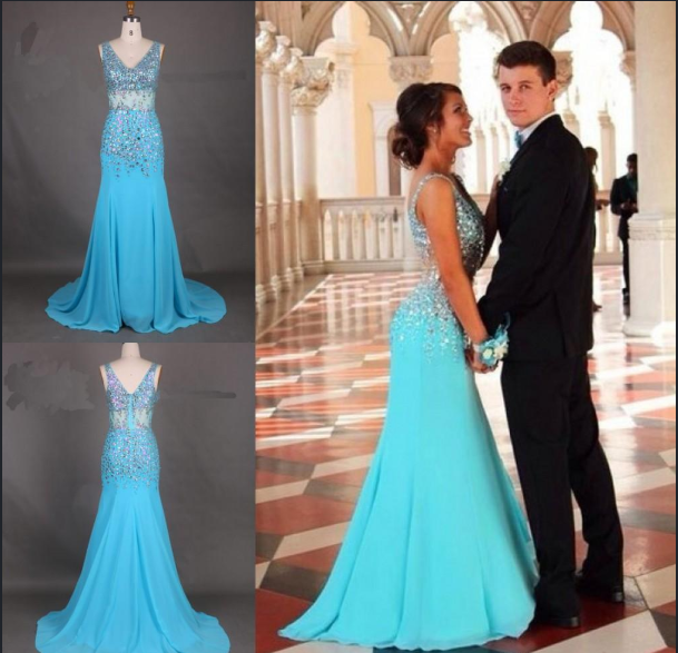 New Top Mermaid Straps Sleeveless Diamond Blue Long Prom Gown Party Dresses WK989