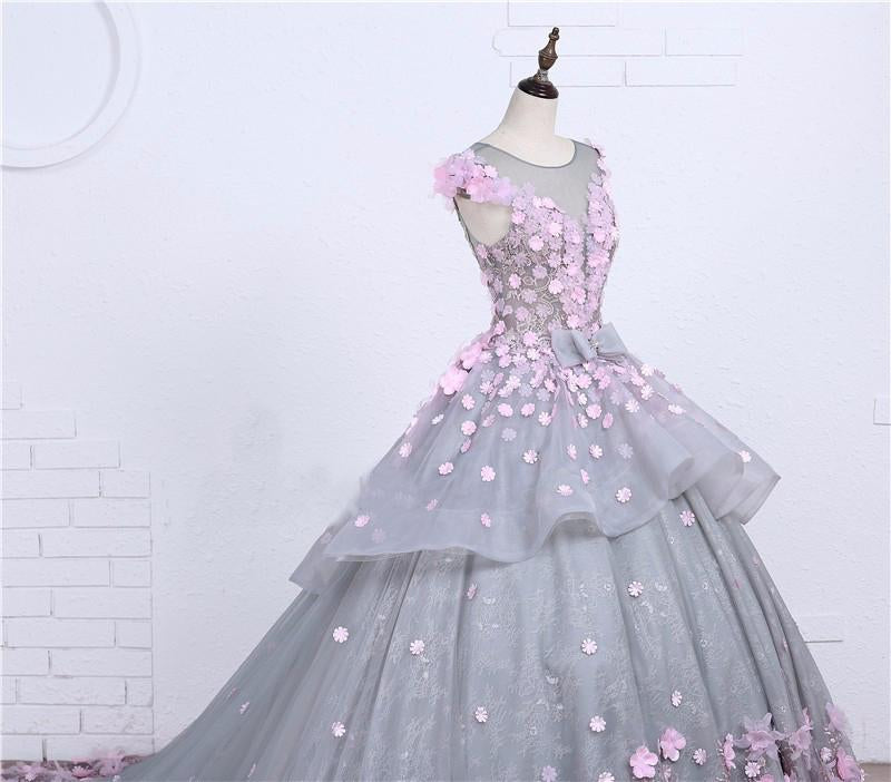 Scoop Ball Gown Gray Tulle Sleeveless Bowknot Empire Waist Wedding Dress with Pink Flowers WK576