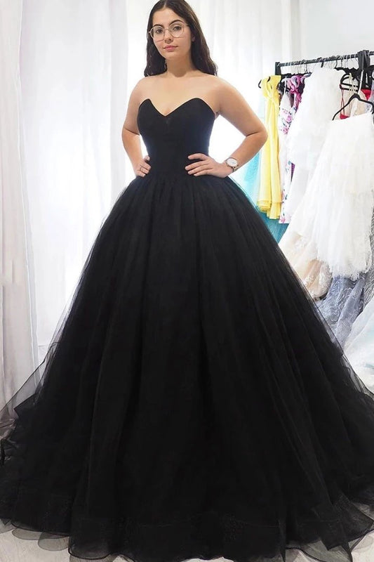 Sweetheart Tulle Ball Gown Black Formal Prom Dresses, Sleeveless Lace up Evening Dresses SWK15442