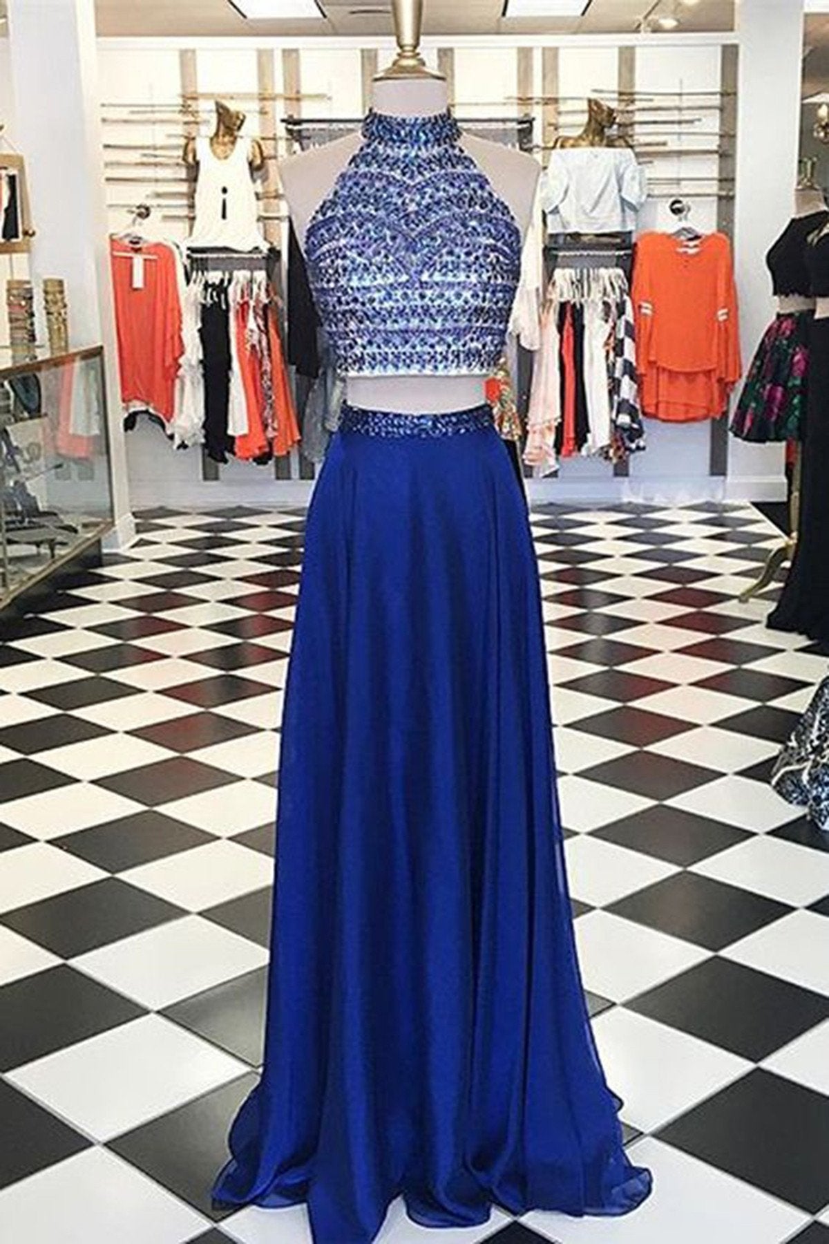 Navy blue chiffon A-line beaded long two pieces handmade prom dress sequins evening dress