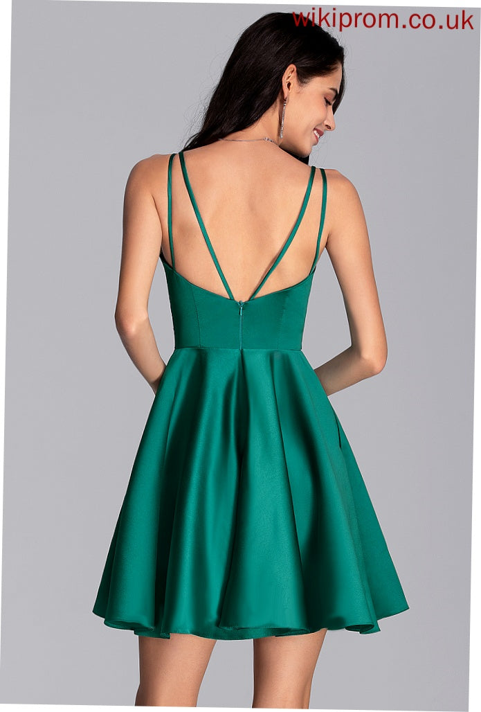 Short/Mini A-Line Pockets Satin Prom Dresses With Ruffle Gwendolyn V-neck