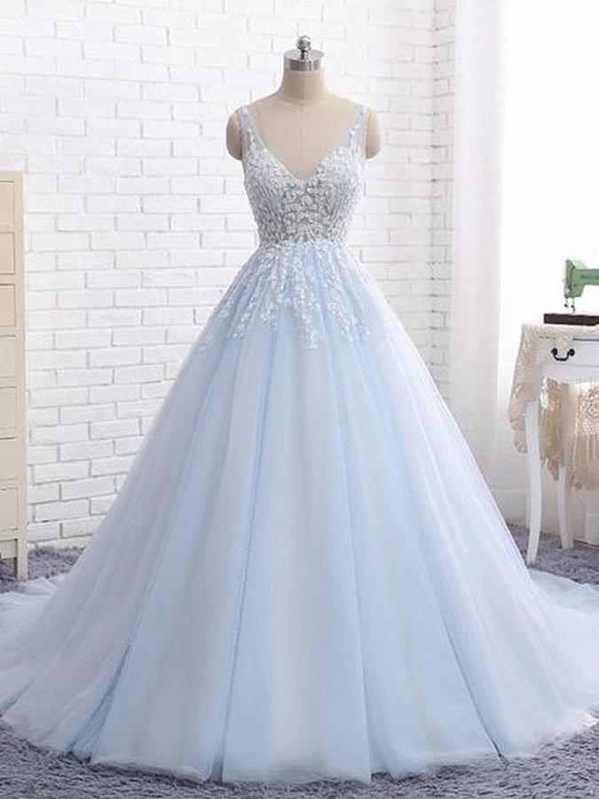 Sexy Ball Gown Tulle Sky Blue V-neck Appliques Brush Train Long Sleeveless Prom Dresses WK505