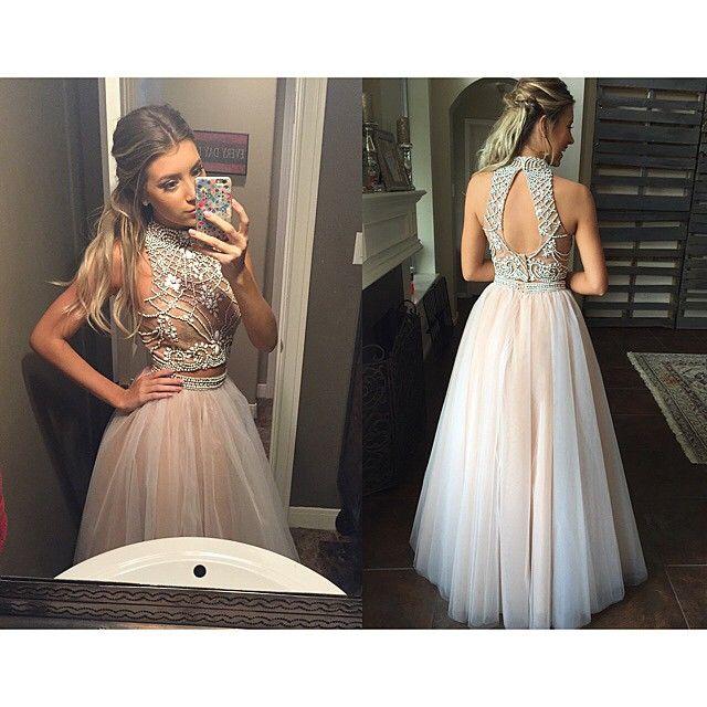 New Style Sexy Two Piece silver beaded bodice High Neck Tulle Skirts Champagne Prom Dress WK103
