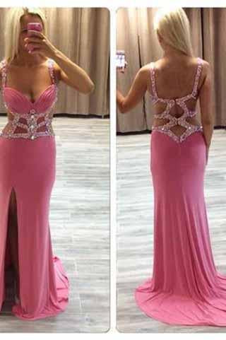 Sexy Mermaid Beaded See Through Long V-Neck Pink Custom Prom Dresses WK958