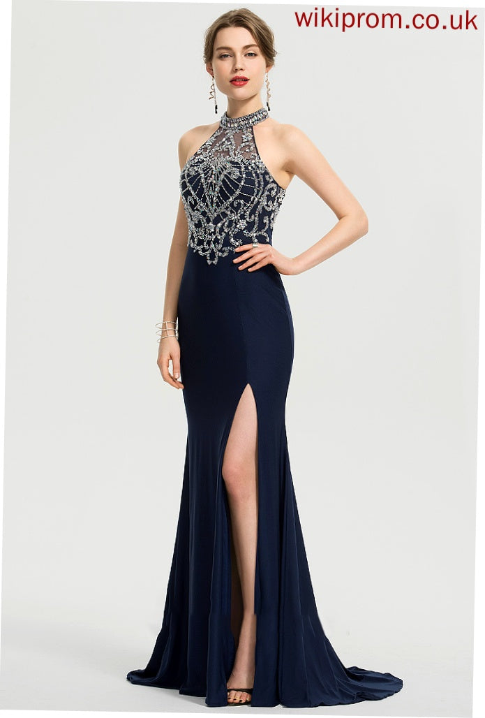 Sequins Jersey Split Prom Dresses Front Train Sheath/Column Beading Scoop With Neck Chana Sweep