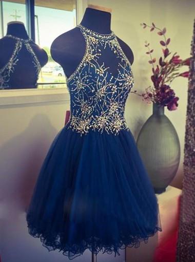 Modern Jewel Short Open Back Blue Homecoming Dress with Beading WK452