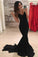 Mermaid V-Neck Criss-Cross Straps Spaghetti Straps Sweep Train Black Satin Prom Dresses WK384