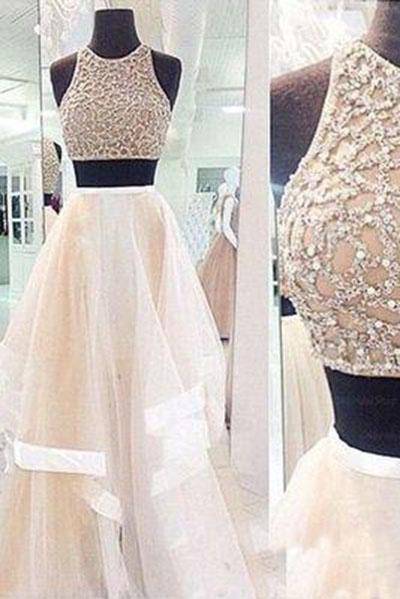 New Style Prom Dresses Sexy Champagne Prom Dress Two Piece High Neck Tulle Party Dresses WK144