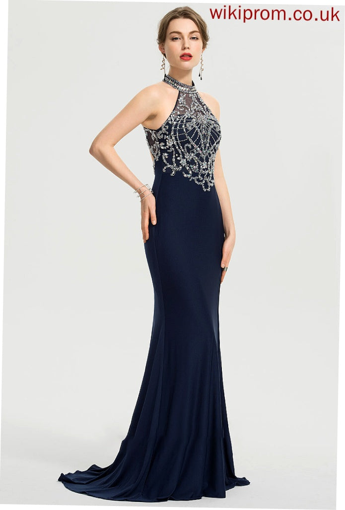 Sequins Jersey Split Prom Dresses Front Train Sheath/Column Beading Scoop With Neck Chana Sweep