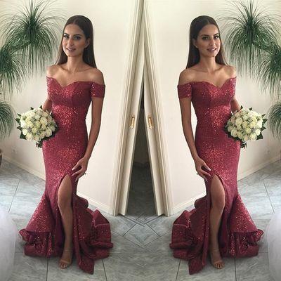Red Mermaid Long Sequin Sexy Sweetheart Off-the-Shoulder Backless Custom Prom Dresses WK978