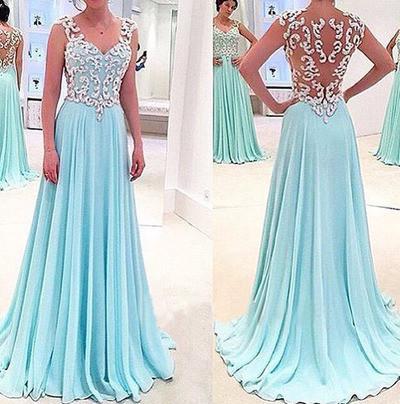 See Through Sexy Blue Sweetheart Sleeveless A-Line Chiffon Appliques Long Prom Dresses WK944