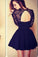 Sexy Ball Gown High Neck Long Sleeves Lace Backless Black Short Homecoming Dress WK994