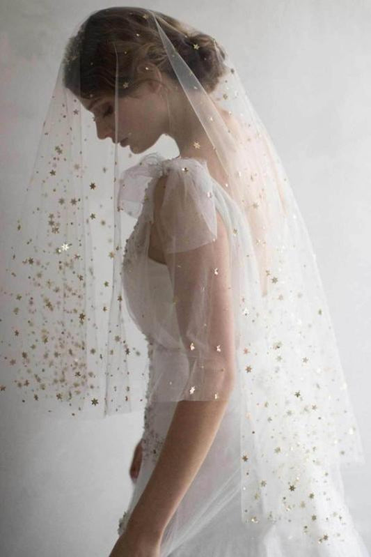 Elegant Short Sequins Tulle Wedding Veils with Stars SWK15580