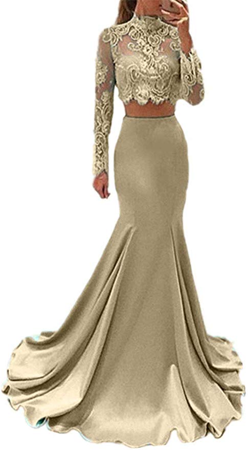 Pretty Two Pieces High Neck Long Sleeve Lace Prom Dress Sexy Mermaid Prom Dresses WK682