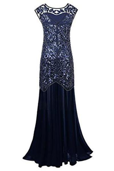 Navy Blue Sequin Gatsby Maxi Long Evening Prom Dresses WK203