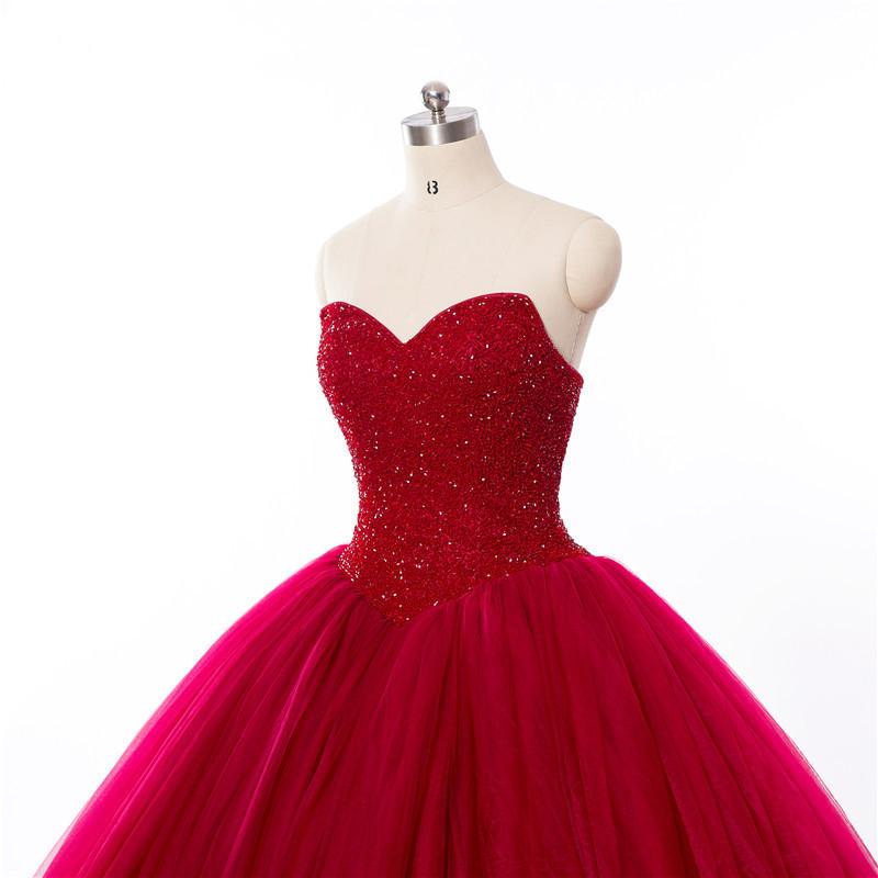 New Style Red Tulle Lace up Sweetheart Strapless Beads Ball Gown Prom Quinceanera Dress WK512