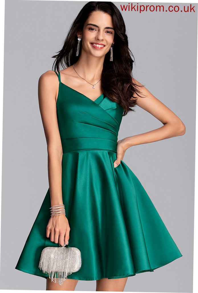 Short/Mini A-Line Pockets Satin Prom Dresses With Ruffle Gwendolyn V-neck