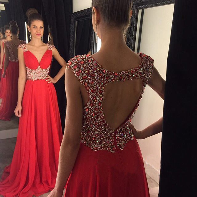 Open Back Red Chiffon V-Neck Cap Sleeve Lace A-Line Beads Prom Dresses WK961
