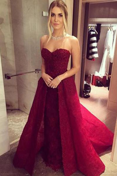 Long Sweetheart A-line Chic Burgundy Prom Dresses with Over skirt Lace Beaded 2024 WK192