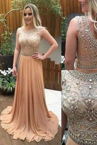 See Through Beaded Long Champagne Scoop Cap Sleeve A-Line Cheap Custom Prom Dresses WK02