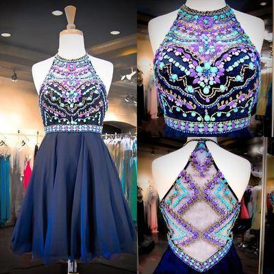 Navy Chiffon Halter Neck Beaded Sequins Crystals Cheap Homecoming Gowns with Illusion Back WK922