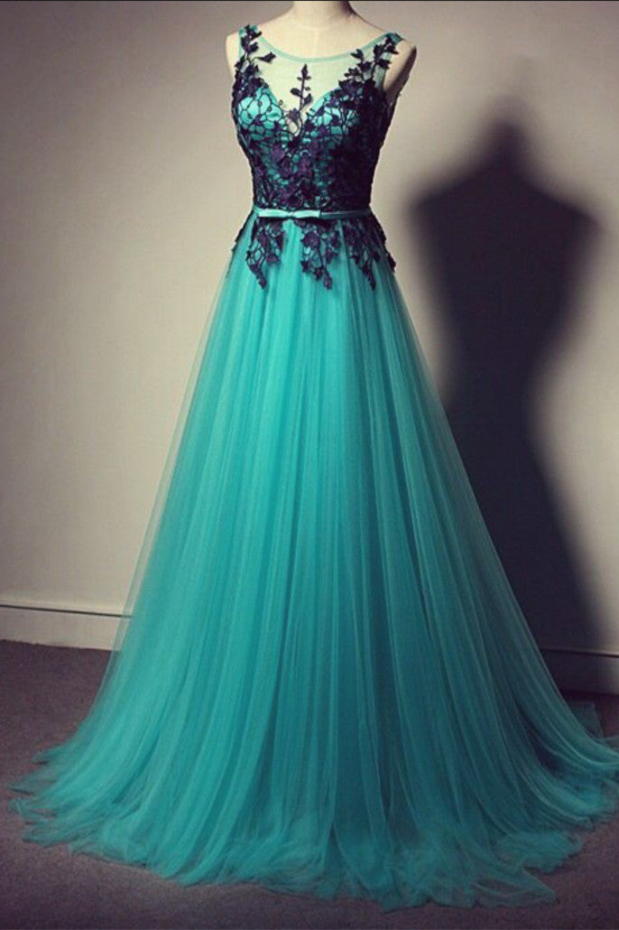 New Fashion Blue Tulle Formal Gown Lace Black Evening Gowns Tulle Formal Gown For Teens WK692
