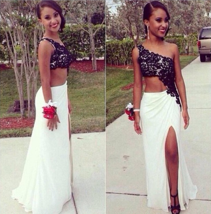 One Shoulder Sexy Lace Appliques Backless With a Slit Side Long Red Prom Dresses WK995
