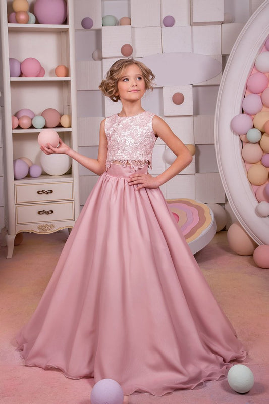 Two-Piece Scoop Chiffon & Lace A Line Flower Girl Dresses Sweep Train