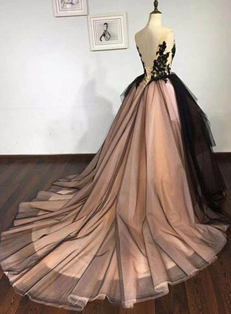 Black Lace V Neck A Line Tulle Formal Prom Dress Long Lace up Ball Gown Evening SWK11207