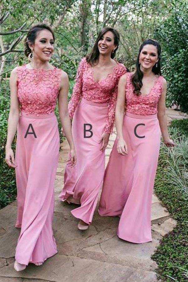 New Style Mismatched Pink Appliques Chiffon Floor Length Long Bridesmaid Dresses WK290