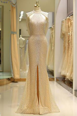 Mermaid High Neck Floor Length Split Gold Prom Dresses with Sequins Beading WK79