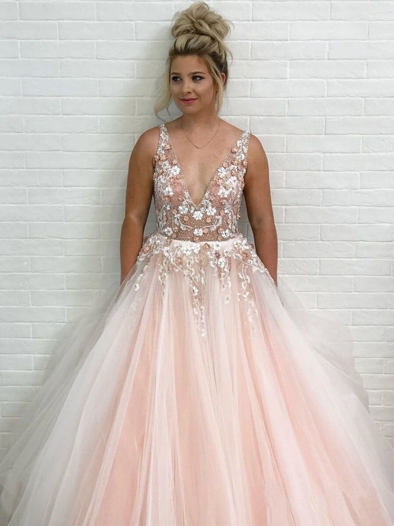 A Line Tulle V Neck Prom Dresses Beads Pink Lace Appliques Backless Evening Dresses WK533