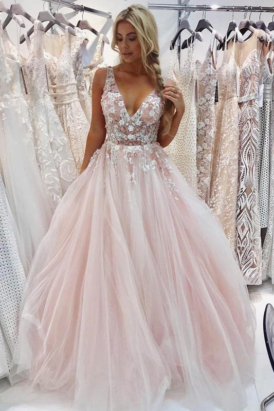 A Line Tulle V Neck Prom Dresses Beads Pink Lace Appliques Backless Evening Dresses WK533